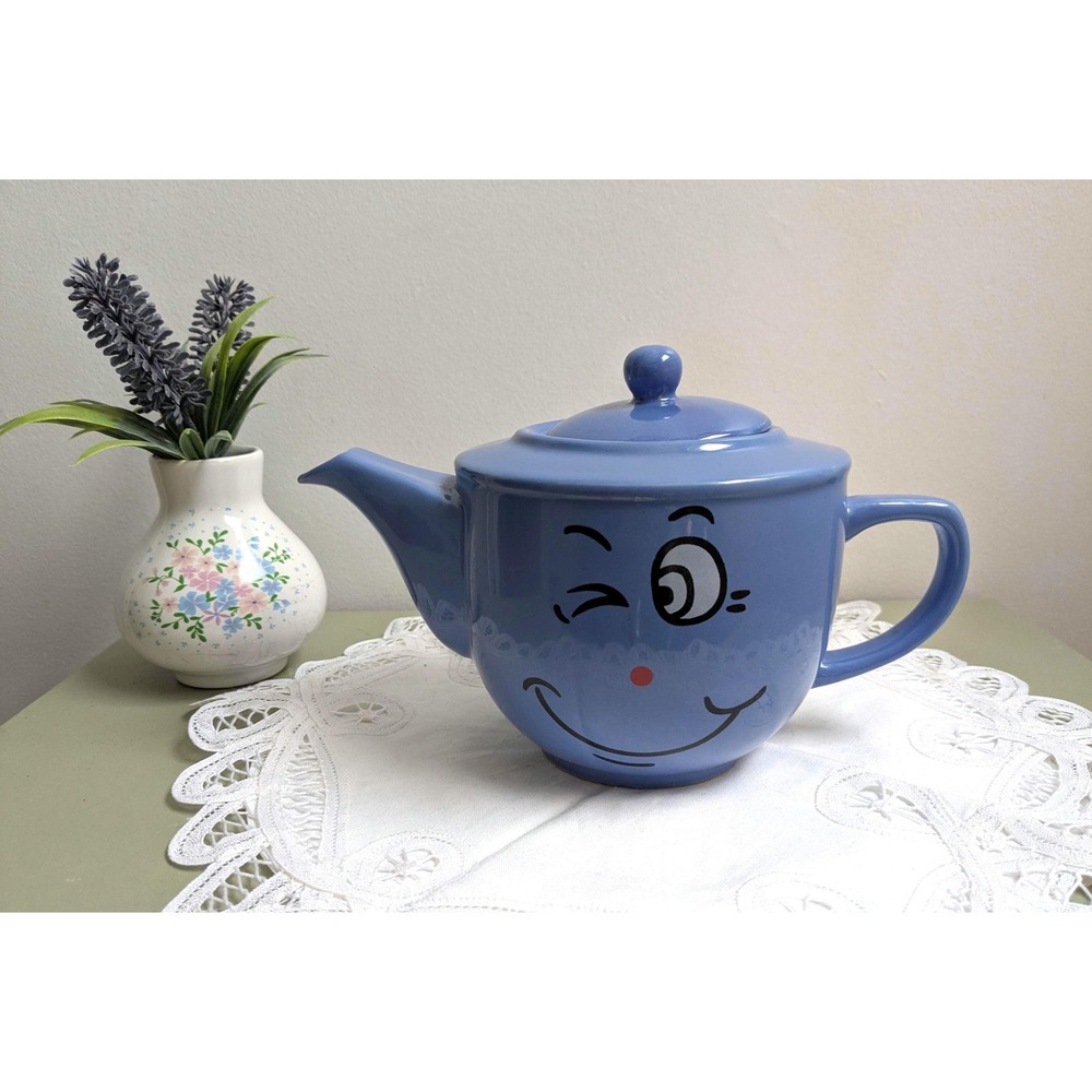 Cute Blue Teapot With Winking Face, Vintage Style Ceramic Tea Pot Kawaii Kitchen